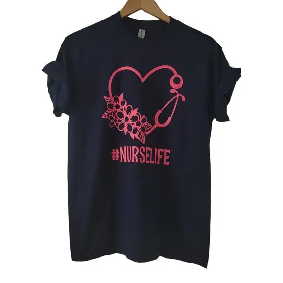 NEW | Gildan | Navy & Pink | Custom Unisex Short Sleeve Tee #NURSELIFE - Picture 1 of 4